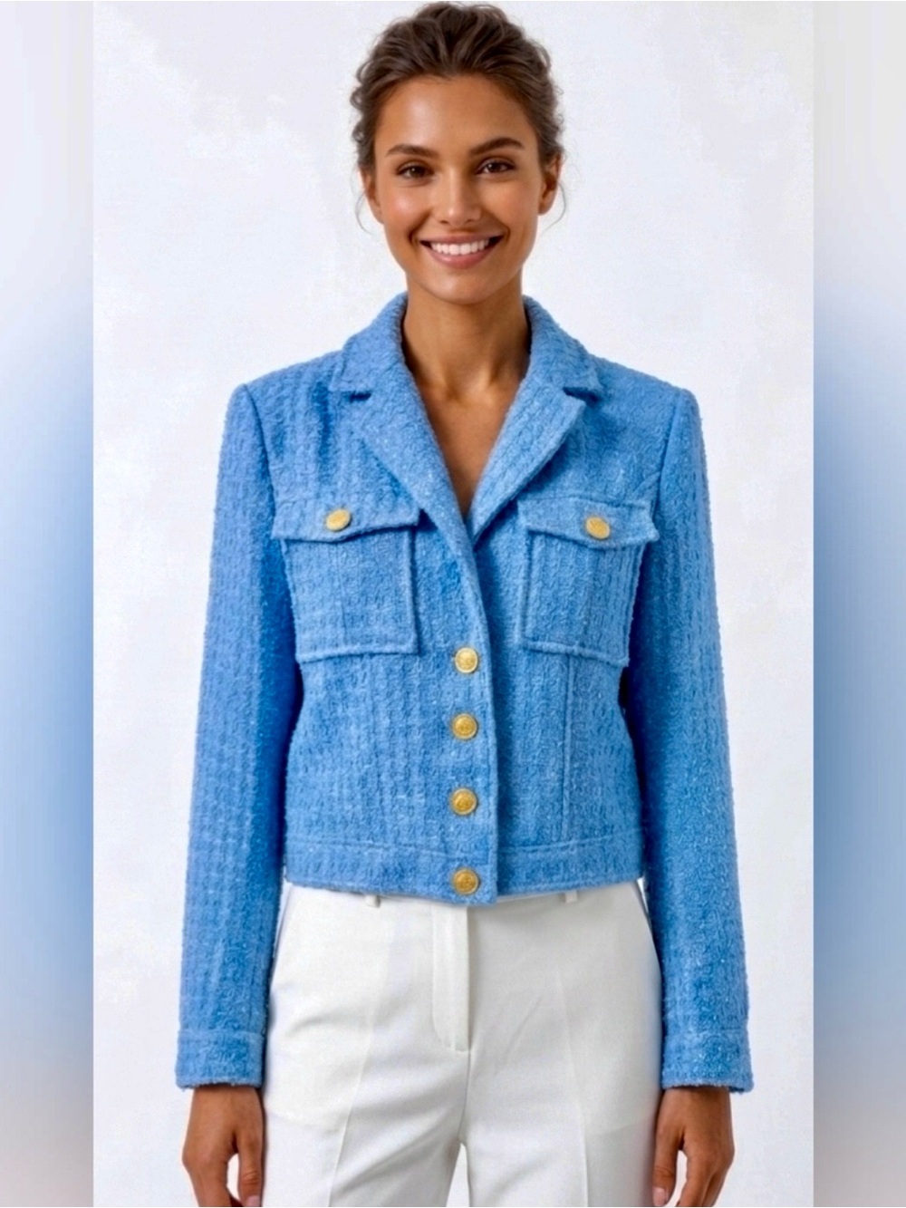 Aqua Sky Blue Tweed Cropped Blazer with Gold Buttons